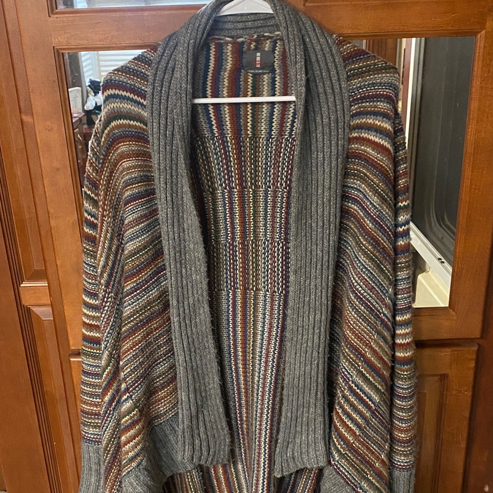Buffalo  Chunky Striped Gray and Multicolor Drapefront Cardigan Aztec Fall